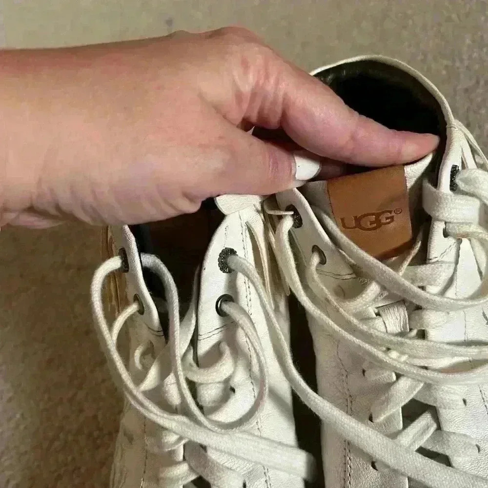 UGG Cali Palms Fringe Sneakers White Mens 8/womens 10 Leather High Tops Lace Up - Picture 9 of 12